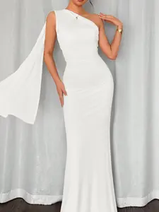 Engagement dress  Elegant Tailored Ruched Sleeveless Solid Dress for Women, Perfect for Formal Events & Evening Parties, Waist Ruching Design, Single Shoulder Neckline  prom dresses