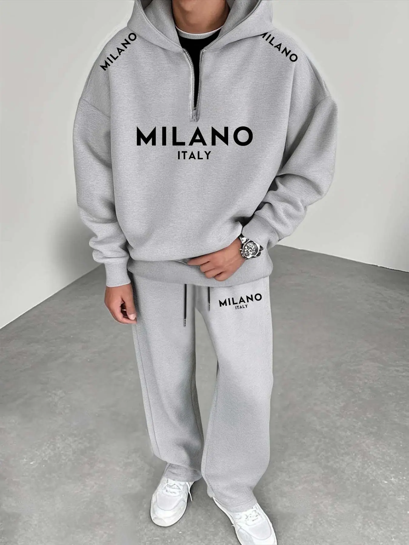 Men's Milan Letter Pattern Casual Sportswear Set, Streetwear Tracksuit, Includes Half-Zip Hoodie and Straight Leg Pants, Fall & Winter Comfortable, Sweatsuit Matching Set, Sports Clothing Set, Sweatsuit Sets
