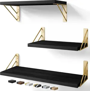 Wood Floating Shelf for Books - Small Wall Shelf Set of 3 in Black and Gold for Bathroom, Kitchen, Living Room