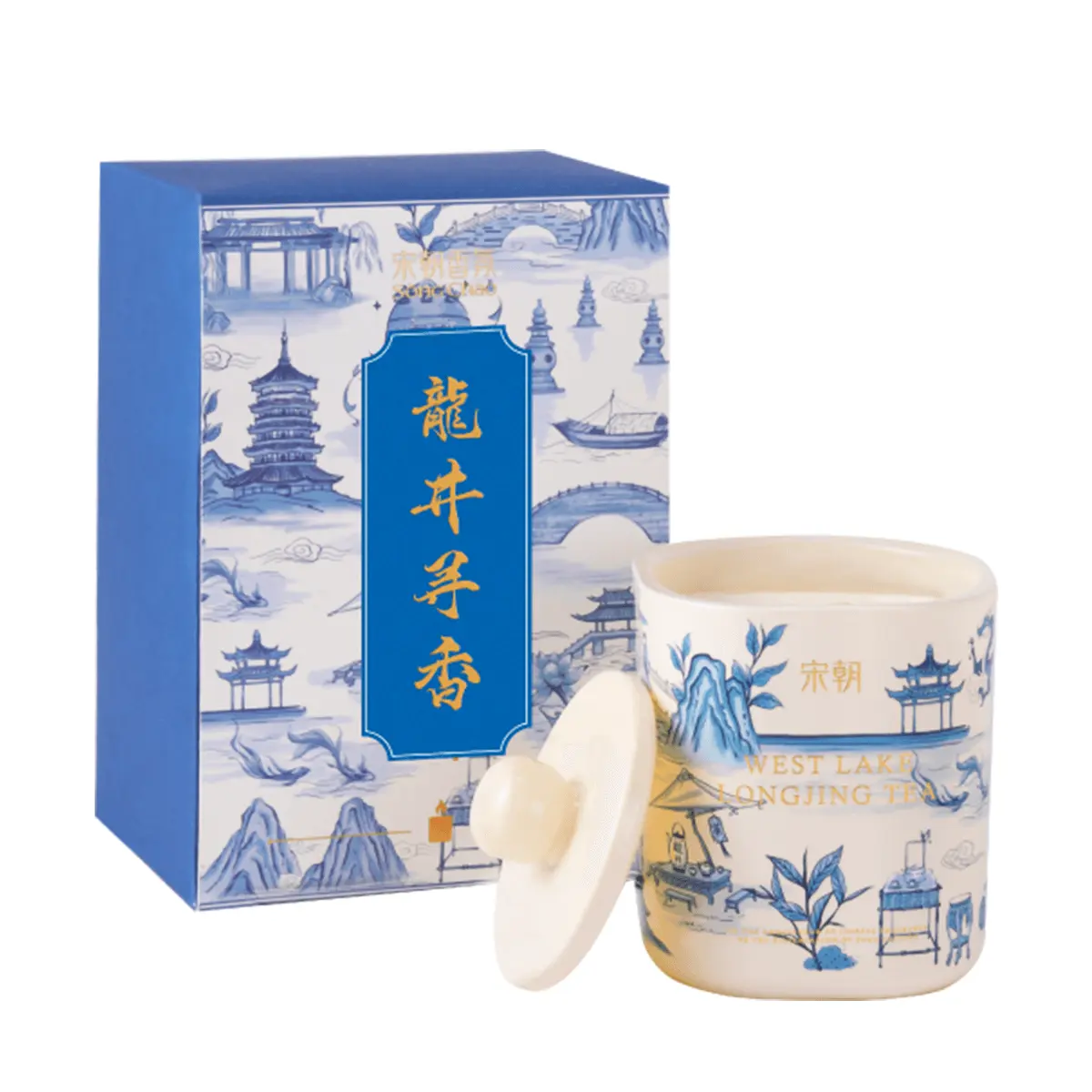 SONG CHAO Longjing Tea Scented Candle - Hangzhou West Lake Scenery Series, Blue & White Porcelain Aroma, Natural Soy Wax, Aromatherapy, 200g