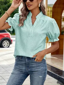 Women's French Style Striped Ruffled Blouse, Short Sleeve Fitted Top with Stand Collar and Puff Sleeves, Casual Daily Everyday Wear for Commuting and Parties