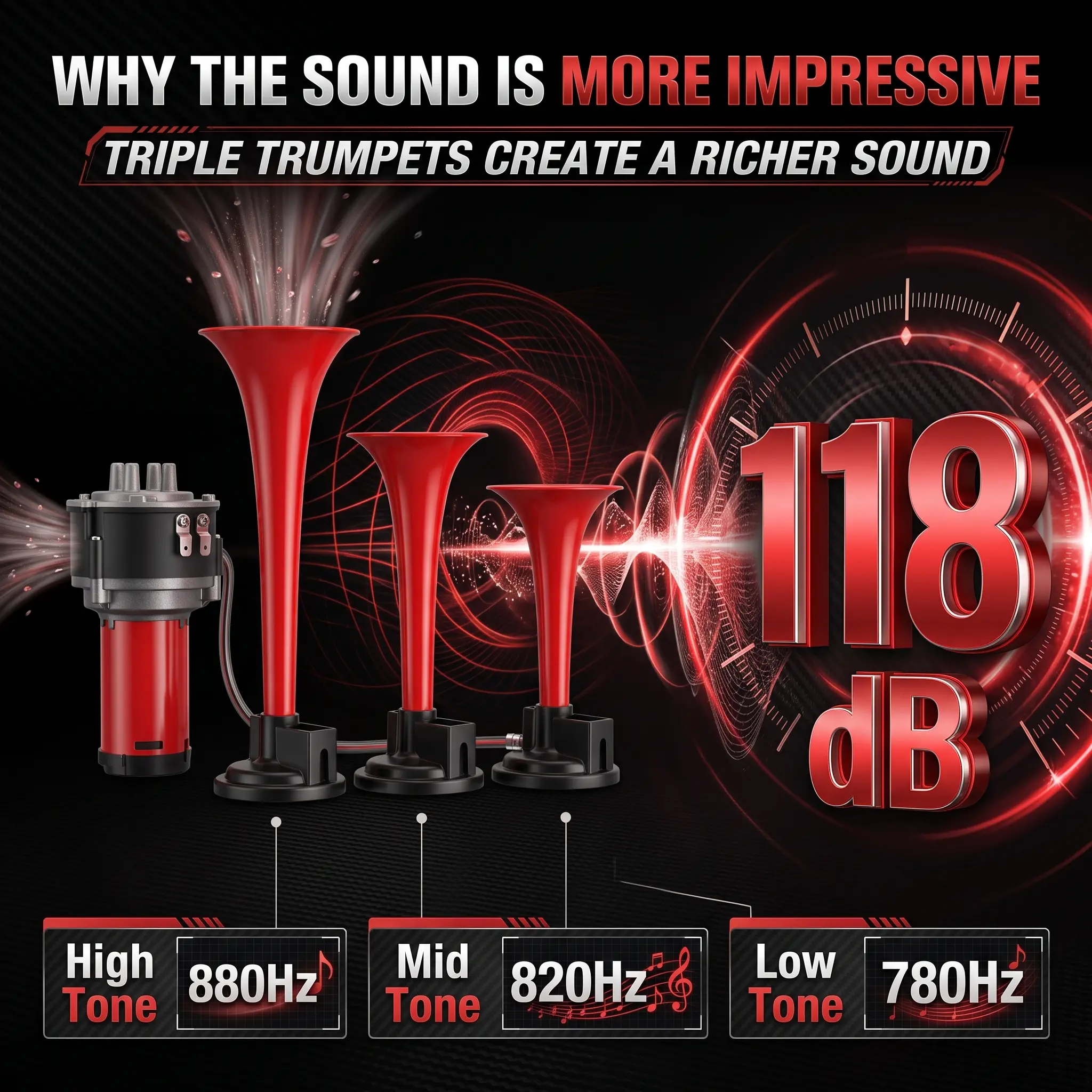 12V Triple Trumpet Air Horn Kit with Air Compressor, Universal Musical Horn for Car Truck SUV Pickup RV Motorcycle Boat, Loud Triple Tone Horn Set with Mounting Brackets & Relay