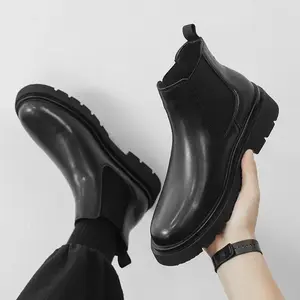 Men's Retro British Style Chelsea Boots Thick Soled Height Increasing Slip On Ankle Boots with Round Toe Faux Cover Upper & PVC Sole for Casual Outdoor Wear Black Winter Boots Minimalist Design Durable Construction