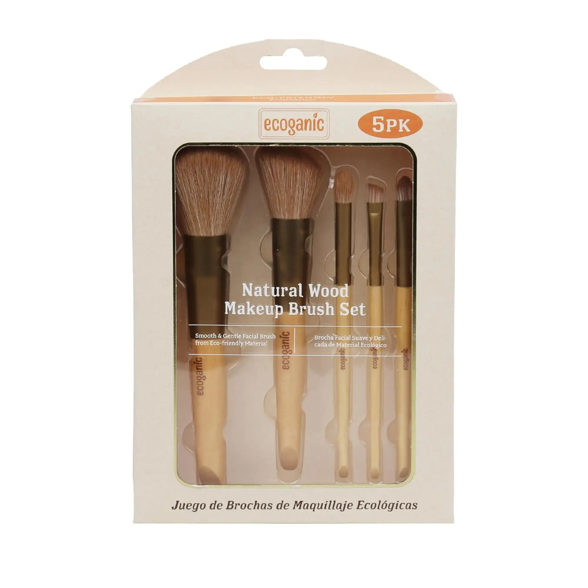 Ecoganic Natural Wood Makeup Brush Set (5pk) with Complexion Brush, Tapered Brush, Eyeshadow Blending Brush, Angled Brush, Flat Brush for Setting Powder, Blending, Blush