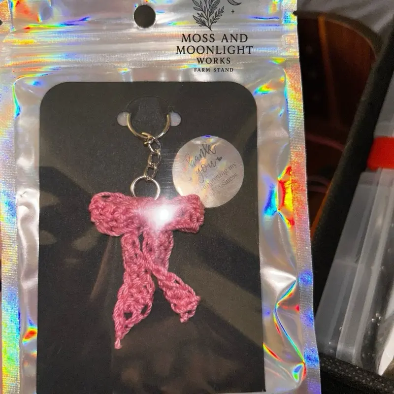 Moss and Moonlight Works Handcrafted Crochet Keychain with Small Pink Bow and Silver Chain Multiple Options for Chains and Clips