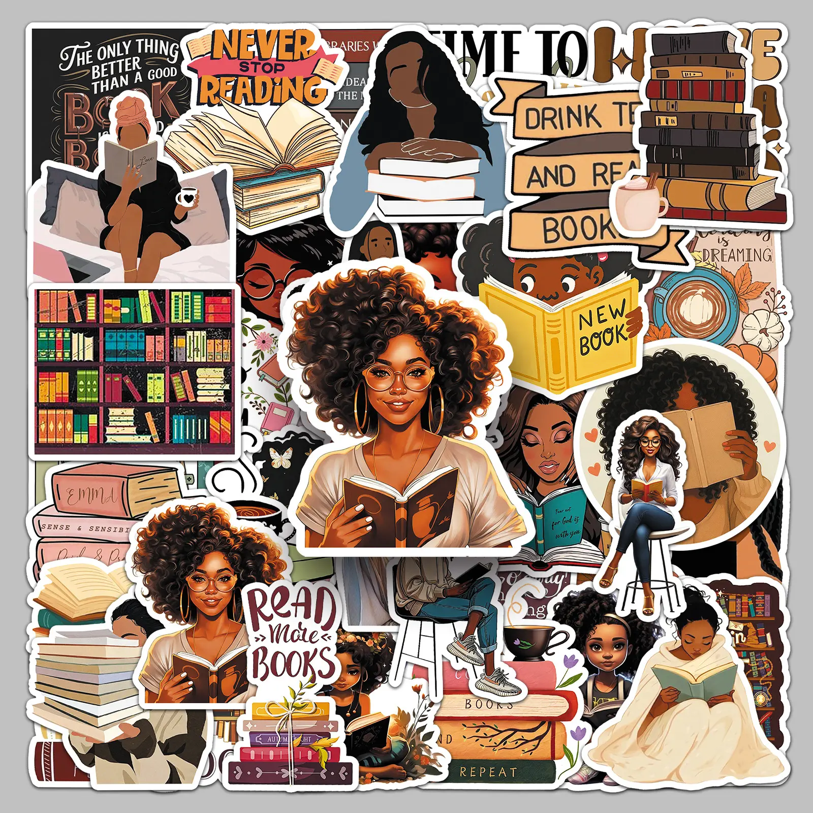 50pcs Faith-based sticker series Decal featuring a cartoon Black woman reading; suitable for scrapbooks, journals, laptops, water bottles, cars, and more—perfect as gifts conveying positive messages.
