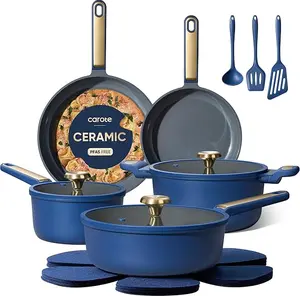 CAROTE Ceramic Cookwar Set, Pots and Pan Set Non Stick 16 Piece, Cookware Set Kitchen Cooking Set Non Toxic, PFAS PTFE Free, Blue