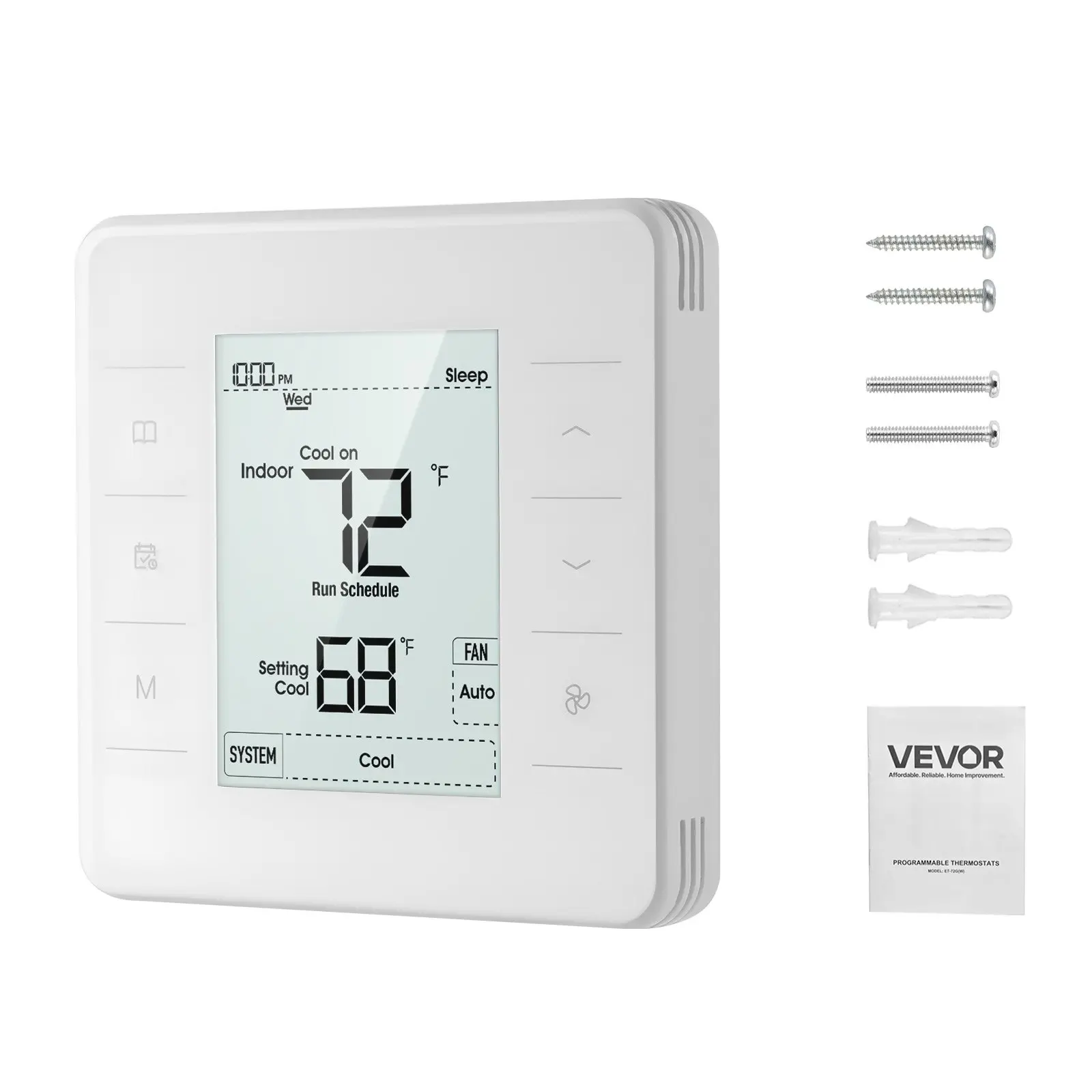 VEVOR 7-Day Programmable Thermostat, Home Thermostats for Heat Pump, Air Conditioner, Underfloor Heating, LED Screen with Backlight 1Cool 1Heat, Energy-Efficient, Wide Temp Range, White
