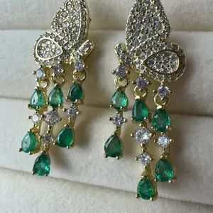 <PingEast jewelry > 925 Sterling Silver Earrings with 7 Small Natural Colombian Emeralds in Butterfly Design, with Certificate