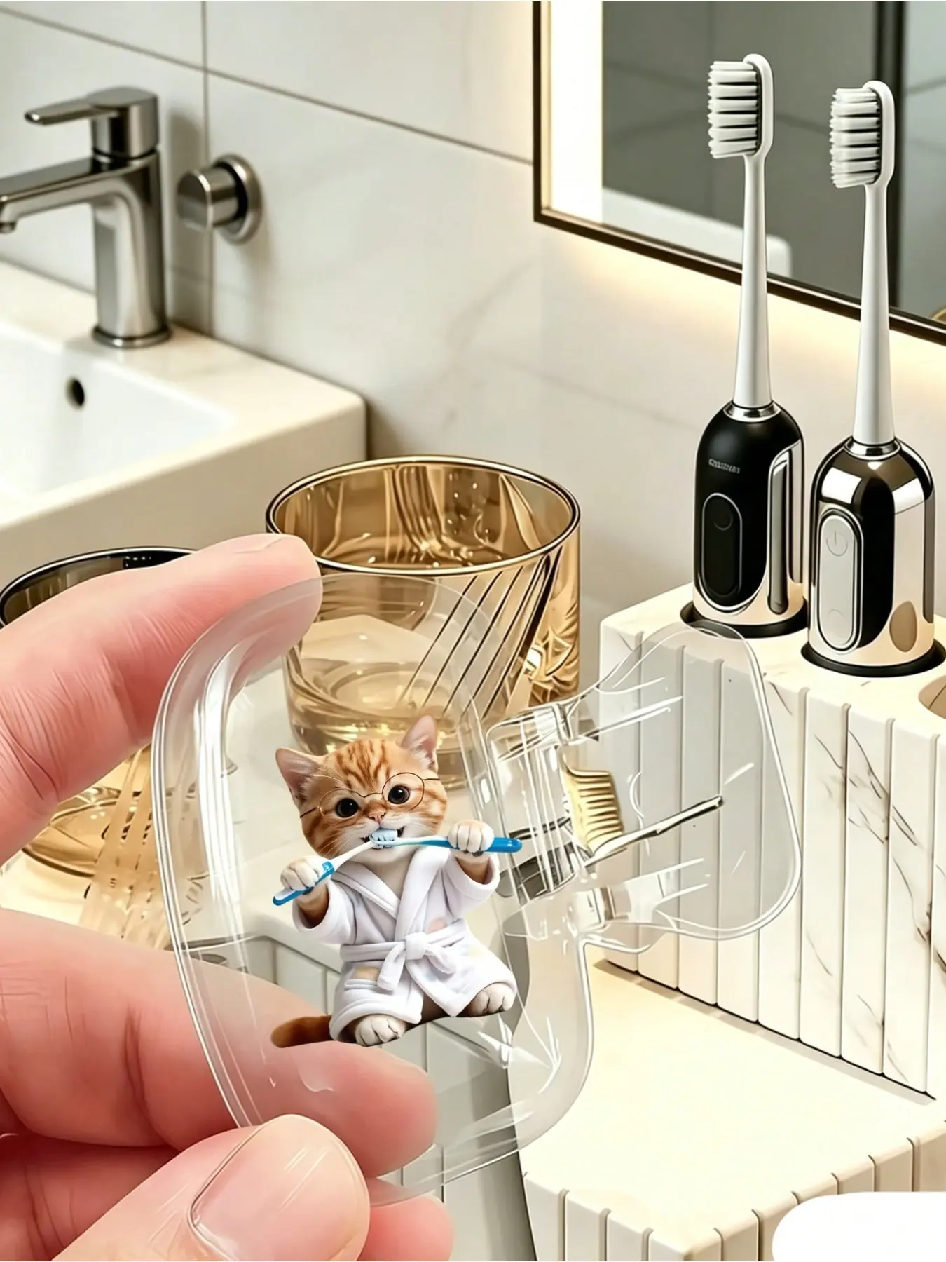 1 Manual Squeeze Toothpaste Dispenser - No Waste with Toothbrush Cap, Easy-to-Use Squeezer, Printed with a Picture of a Kitten Wearing a White Bathrobe Brushing Teeth, Portable Toothbrush Holder, Daily Toothbrush Care
