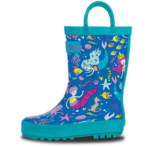 Bootiful Mermaids Kids Rain Boot - Colorful Mermaid Design with Sea Creature Illustrations, Blue Rubber Boot, Ideal for Outdoor Activities and Adventures