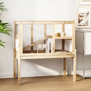 FUFU&GAGA Guinea Pig Cages for 2, Small Animals Rabbit Cages with a Pull Out Tray, Large Wooden Indoor 2-Story Hamster House, Guinea Pig Hideout Habitat Playpen with Ramp, Platform, Natural