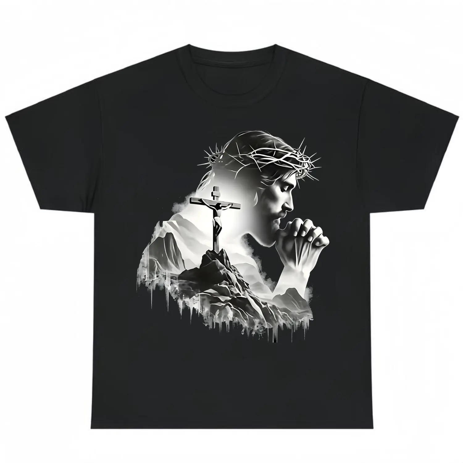 Jesus Praying Crown of Thorns Cross Mountain Christian Mens T Shirt Faith Based Religious Graphic Tee Christian Gift Jesus Lover Apparel Trendy Spiritual Design
