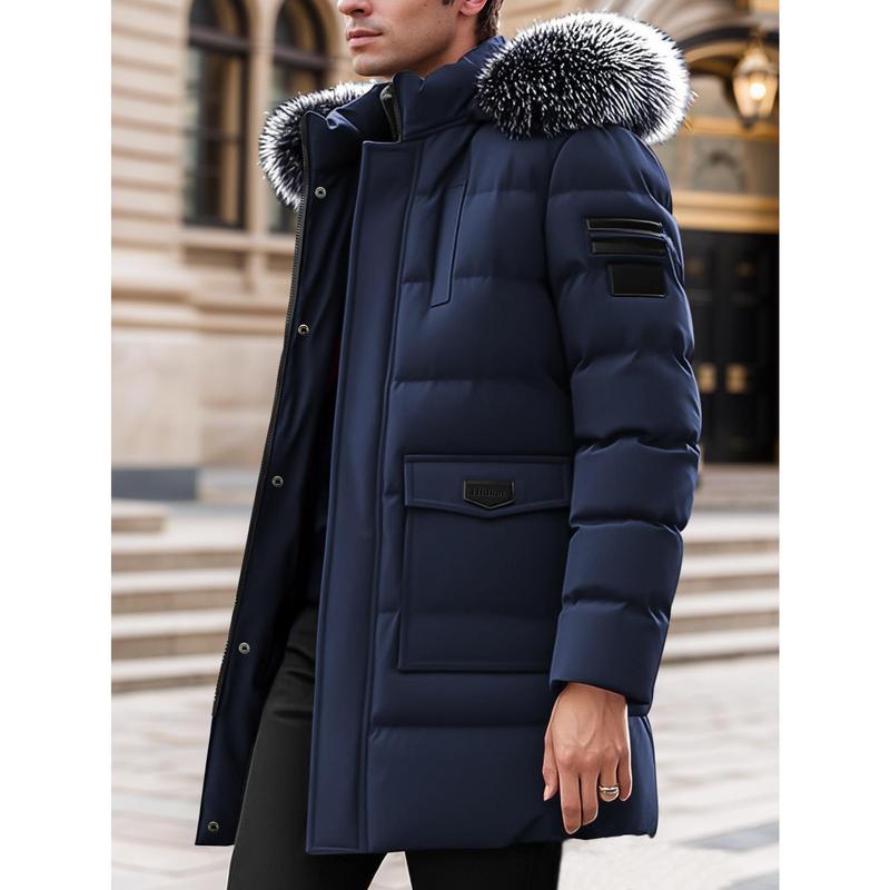 Men's Heavy-Duty Winter Coat with Detachable Fur-Like Hood & Collar - Long Jacket, Large Pockets, -Filled Cold-Weather Outerwear for Skiing, Commuting - Hand Washable (No-Stretch)