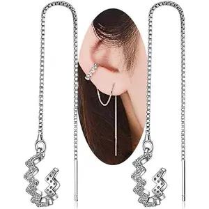 925 Sterling Silver Wave Cuff Earrings with Sparkly Cubic Zirconia Wrap Tassel Earrings for Women Dangle Earrings Threader Chain