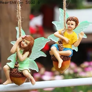HearthVibe Studio 2pcs Glowing Wings Fairy on Pine Cone Swing Luminous Wings Night Fairy Tale Colors Outdoor Garden Decor Hand-Painted Resin Crafts
