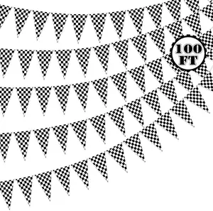 100ft Black and White Checkered Flag Banner Racing Birthday Decorations, for Nascar Race Party Supplies Plastic Waterproof Decorating Ornaments
