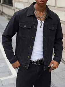 Men's Vintage Washed Black Denim Jacket for Autumn and Winter, Work Jacket with Metal Buttons and Turned Collar, Distressed Cropped Outerwear, Street Vintage Boyfriend Casual Style Top