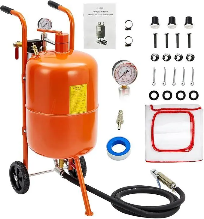 20 Gal Alloy Steel Portable Sand Blasting Machine Kit - Industrial Hardware Air Tool, 60-110 Psi Pressure, 4 Ceramic Nozzles, Oil-Separator, Gauges, 8 Ft Rubber Hose, Die-Cast Aluminum Handheld Compressor for Furniture Stain & Rust Removal, 20 Gallon