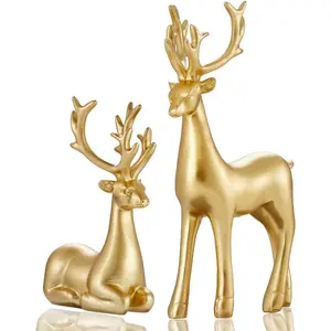 2Pcs Christmas Golden Resin Sitting & Standing Reindeer Figurines Perfect for Rustic Christmas Home Decor Dining Table Fireplace Bedroom (Gold)
