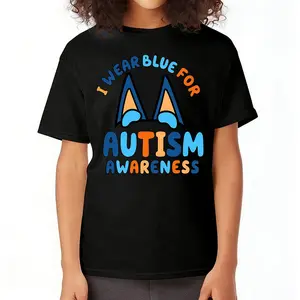 100% Cotton I Wear Blue For Autism Awareness Cute Cartoon Blue Dog Theme Shirt for Youth Adults, Inspired Autism Awareness Tee for Boys Girls