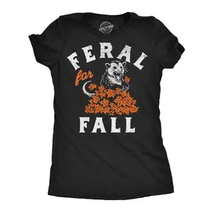 Womens Funny T Shirts Feral For Fall Sarcastic Possum Graphic Novelty Tee For Ladies Funny Womens T Shirts Cute Vintage Fashion Casual Ladies T-Shirt Gift Funny Animal Top Women's Novelty Tees Black -