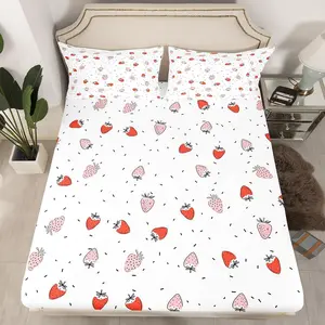 Strawberry Luxury Fitted Sheet,Pink Cute Fruit Print Bedding Set,Kawaii Room Decor Red White Strawberry Bed Sheet Set,Breathable Cartoon Bed Cover