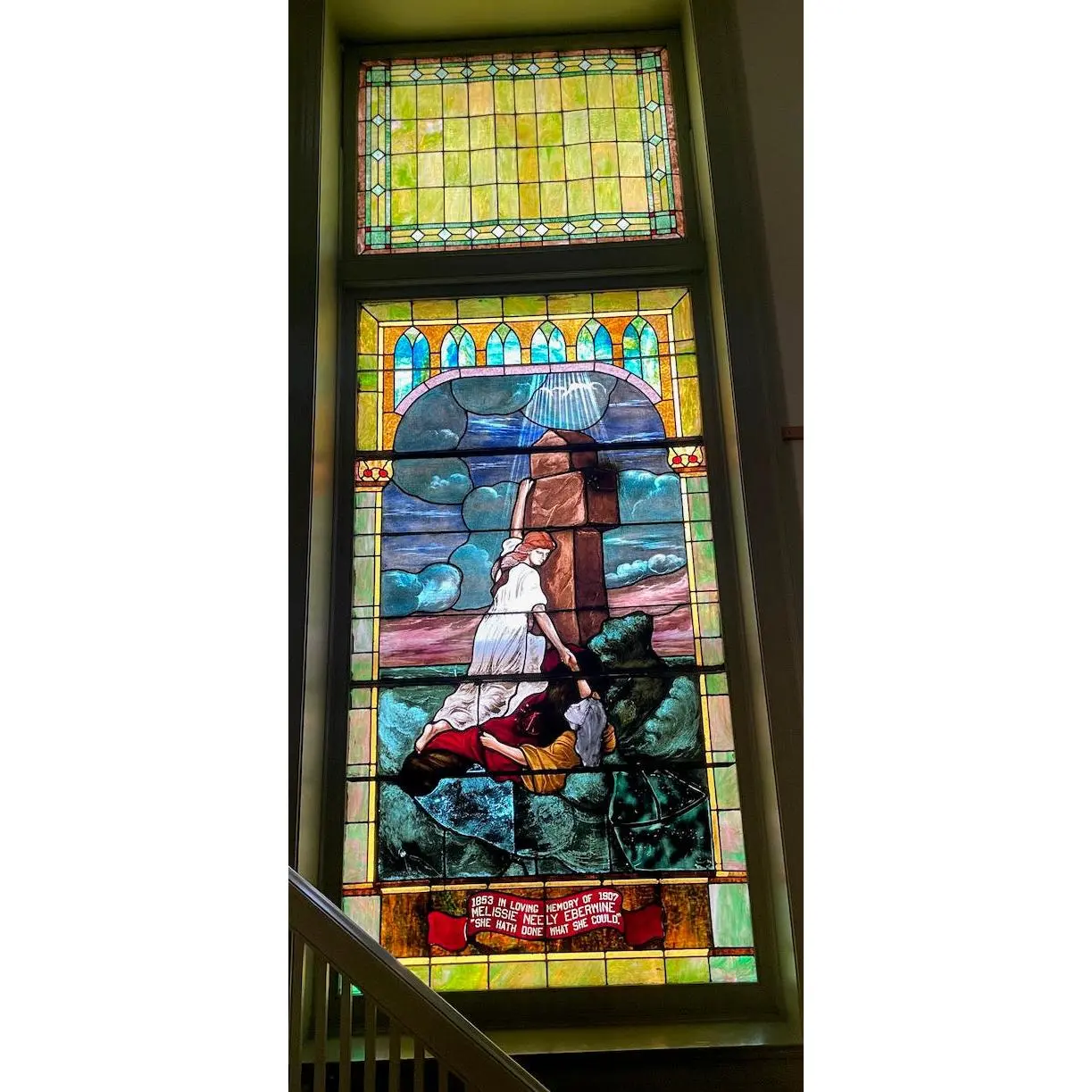 Antique Monumental Tiffany Style Salvaged “Heaven” Stained Glass Window