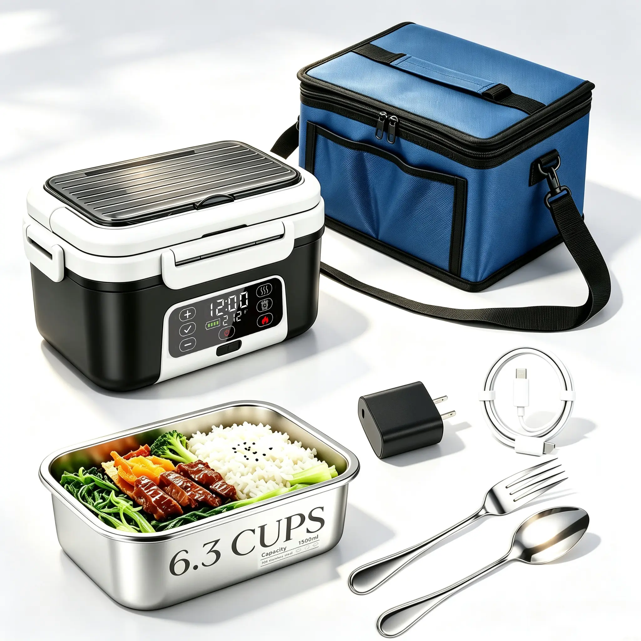 1.5L Cordless Electric Lunch Box with 20000mAh Rechargeable Battery, Smart Timer Auto Heating, BPA-Free Portable Food Warmer for Truck, Car, Office, Camping & Travel