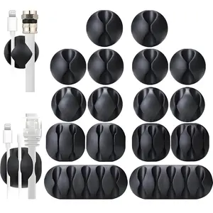 16-Pack Black Cord Organizer Adhesive Cable Clips for Desk, Wall & Car, Wire Management Holders for Phone Chargers, USB & Computer Cables, Tangle-Free Cord Keepers with Strong Sticky Backing