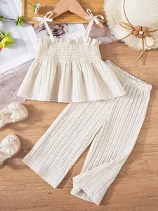 2pcs Girls' Summer Set, Bow Tie Sleeveless Top & Solid Color Long Pants, Casual Two-Piece Set for Kids, Stylish and Comfortable