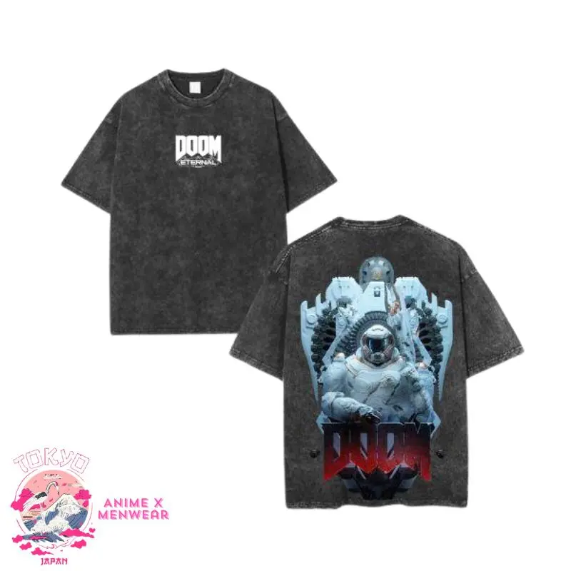 DOOM Eternal Slayer Vintage Washed Tee – Oversized Unisex Graphic T-Shirt Featuring Doomguy in Sentinel Armor – Retro Gamer Shirt for FPS Fans and Collectors