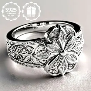 925 sterling silver Middle Eastern style retro engraved ring, suitable for women and men, exquisite hollow design flower high-quality symbolizing elegance nobility, daily wear holiday gifts, Elegan