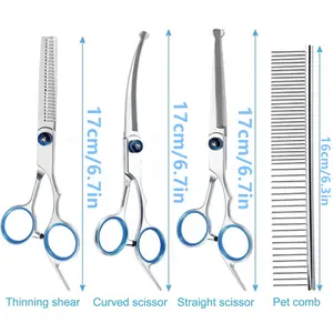 5 in 1 Professional Grooming Scissors for Dogs 4CR with Safety Round Tip, Heavy Duty Titanium Coated Straight & Thinning & Curved Shears