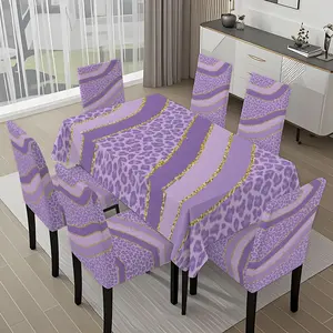 5/7-piece 2D Flat Printing Purple - Gold Leopard Print Curves Printing Pattern Tablecloth and Chair Cover Set, for dining table and chair decoration, perfect for home, holiday gatherings, restaurants, and parties.
