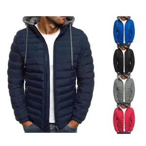 Men’s winter down jacket and outerwear, long-sleeved solid-color zip-up hooded down jacket with pockets