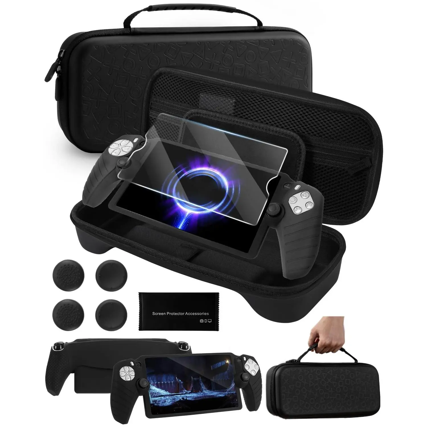 Accessories for  Portal Case Compatible with Ps Portal Accessories Bundle, Carrying Case for Ps5 Portal with  Protective Cover, Screen Protector, 4 Thumb Grips - Black