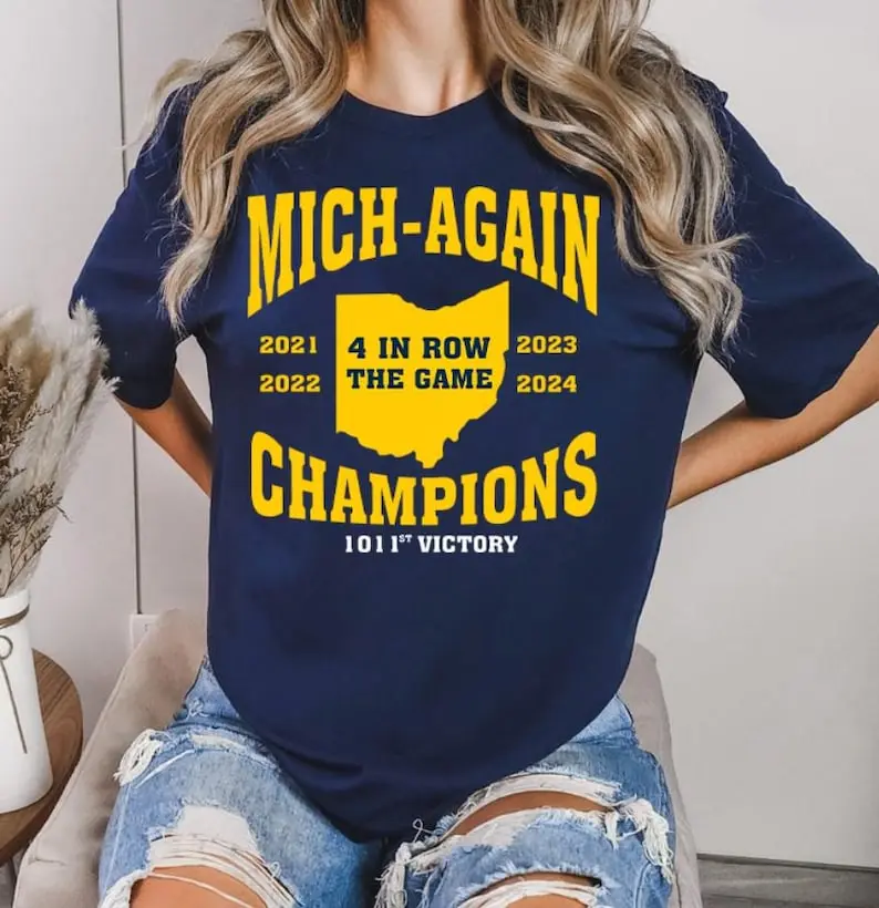 Unisex Michigan Football T-Shirt with Mich-Again Graphic, Casual 100% Cotton Short Sleeve Crewneck, Classic Fit, Shortsleeve, Fabric, Fitted, Round Neck, Football Fashion, Top, Tshirt, Chinese New Year, Crew Neck, Machine Washable, Short Sleeves, Cute