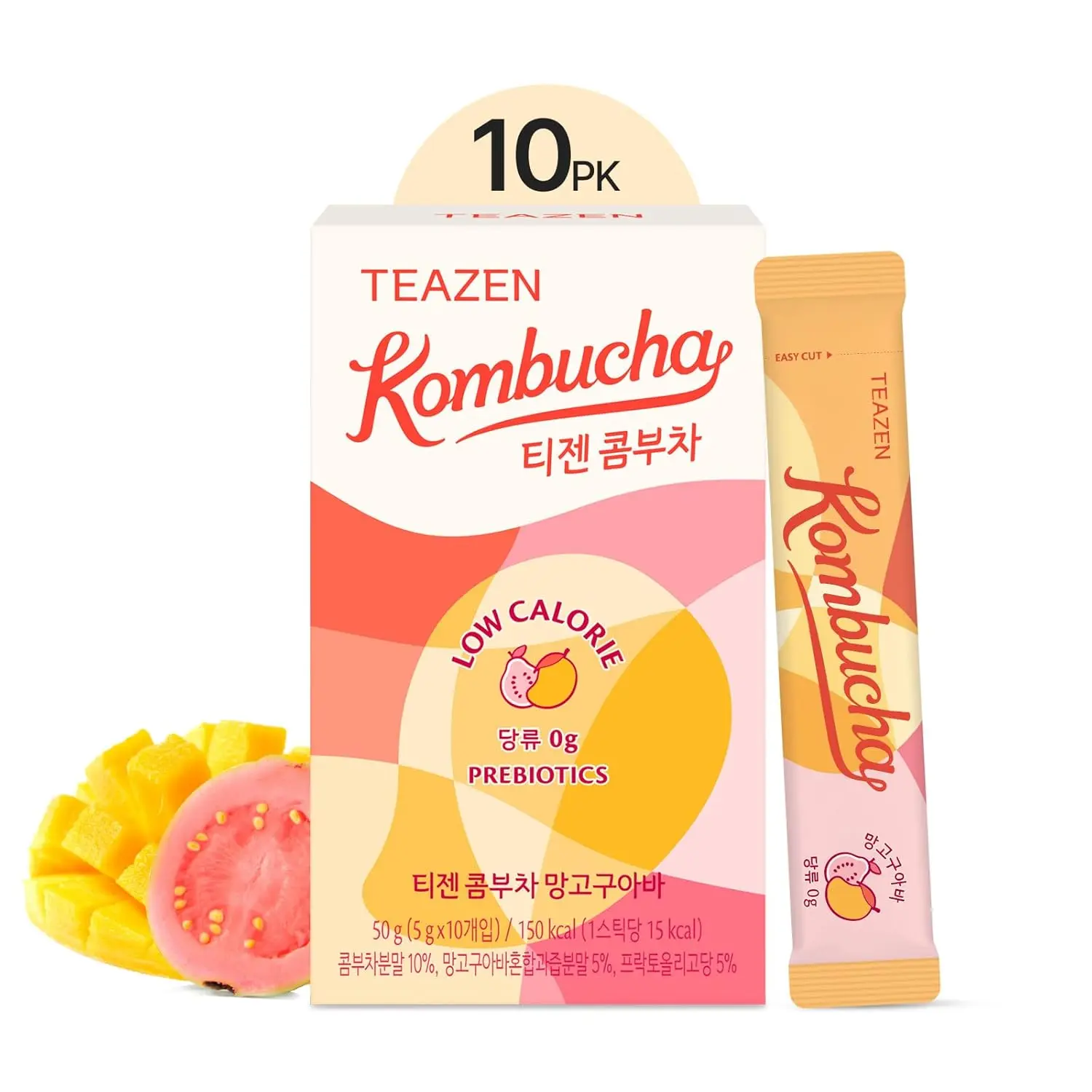 TEAZEN Mango Guava Kombucha Tea, Hydration Drink Mix, Sugar Free, Live Probiotics & Prebiotics, 10 Sticks, 1.76oz