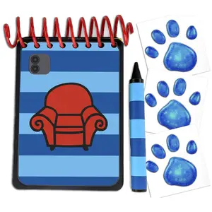 Handcrafted JOSH CAMERA Notebook with 3 PAW print clues and blue striped crayon