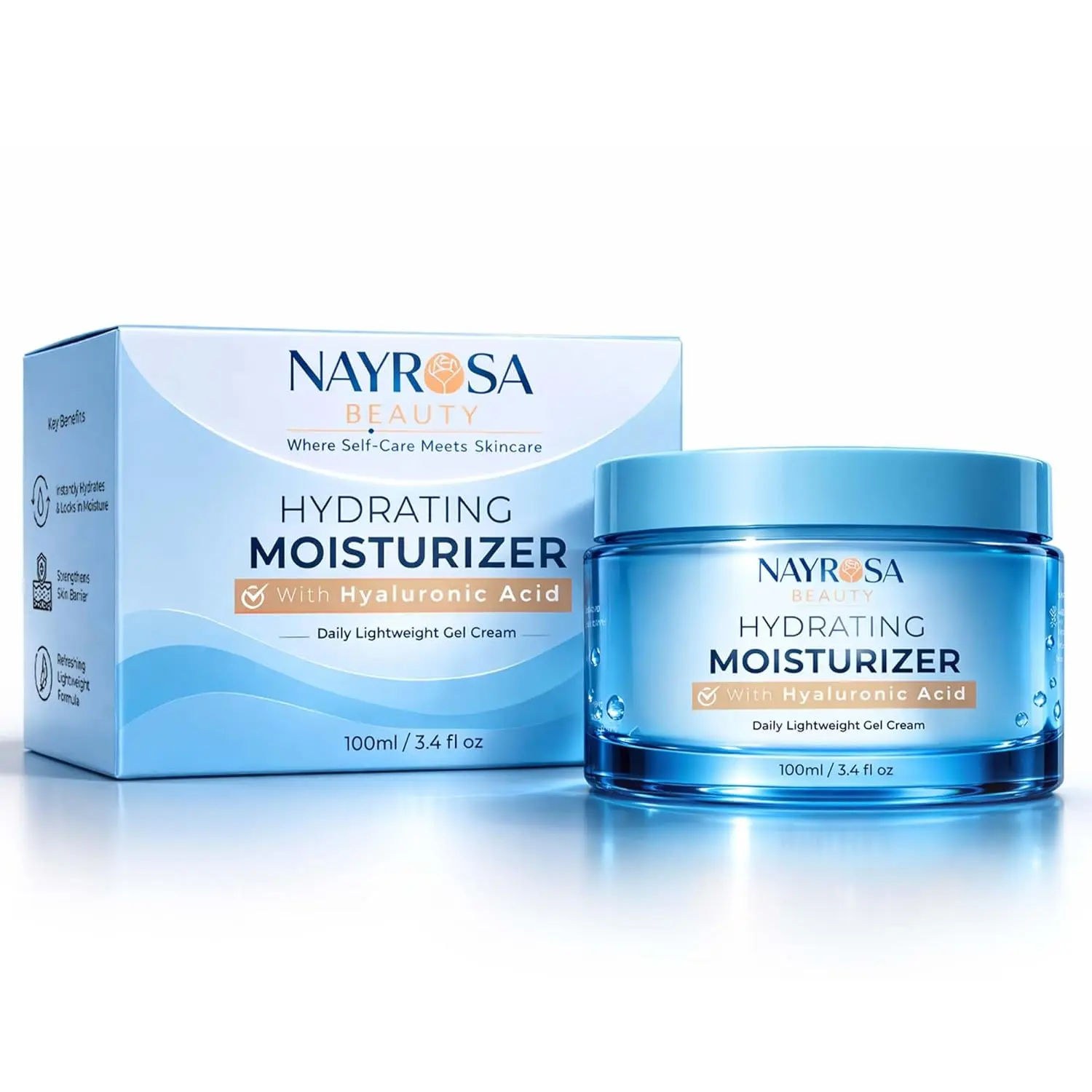 NayRosa Hydrating Moisturizer with Hyaluronic Acid & Vitamin E – Lightweight Gel Cream for Normal & Dry Skin – Korean Skincare Formula 100ml – Deep Hydration & Radiant Glow - Hydrate, Moisture
