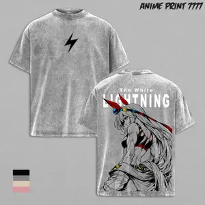 Tamamo Cross T-Shirt – Uma Musume Vintage Washed Oversized Graphic Tee, Double Printed Anime Streetwear, Heavyweight Cotton Unisex Top, White Lightning Design Shirt, Retro Racing Girl Aesthetic, Gift for Anime Fans