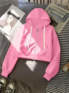 Women's Plain Hooded Zipper Sweatshirt, Soft Comfortable Versatile Clothing, Ideal for Casual Daily Wear and Light Office Use