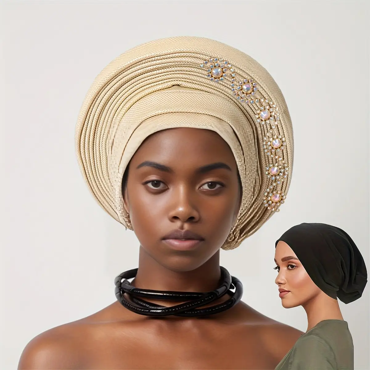 2pcs New Style Glue-on Layered Black Base Cap, African Fashion Hat for, Muslim Headscarf Hat, Ramadan Gift Breathable Solid Color Pearl Hijab