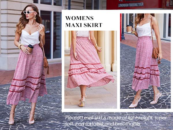 Zeagoo Women's Midi Skirts High Waisted Pleated A-Line Swing Skirts Summer Floral Long Skirts with Pockets