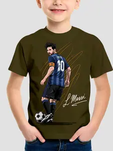 Boys Fashion 3D Print Quick-Dry Football T-Shirt Messi Barcelona No. 10 Signature Print, Summer Breathable Sports Top, Casual Fit
