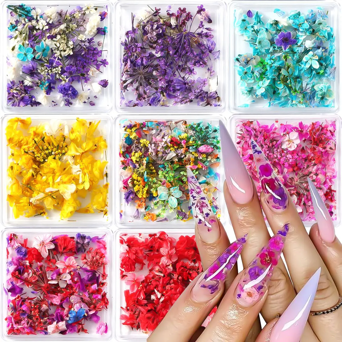 Halloween Fall Gifts 8 Boxs Dried Flowers for Nail Art,Colorful Mini Real Natural Flowers Halloween Fall Gifts Nail Art Supplies,3D Gypsophila Floral Mixed Tiny Petals Decoration Kits for Resin Jewelry