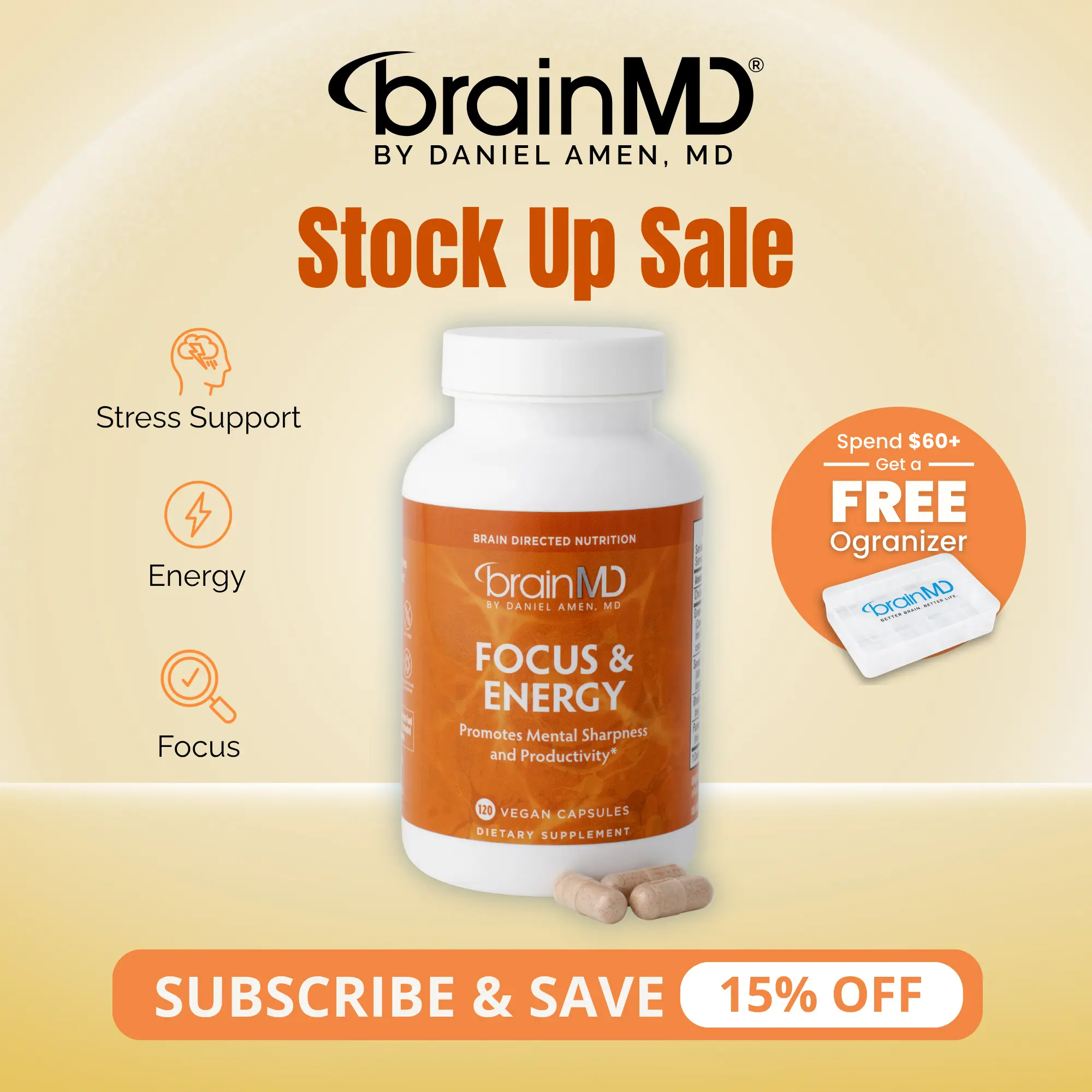 Focus & Energy | BrainMD | 120 Capsules | Focus & Mental Energy Support | Stress Resilience & Alertness Support | Sensoril Ashwagandha, Rhodiola & Ginseng
