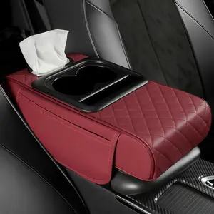 Upgrade Car Center Console Armrest Cushion with Cup Holder & Tissue Box, PU Leather Armrest Cover Organizer, Soft Elbow Support Pad for Comfortable Daily Driving storage pocket