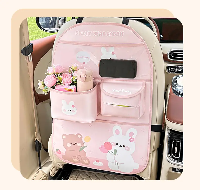 Blue Rain Pink Car Backseat Organizer for Moms & Kids, PU Leather Seat Back Storage Bag with Waterproof Kick Protector, Cute Multi Pocket Car Interior Accessory for Family Travel